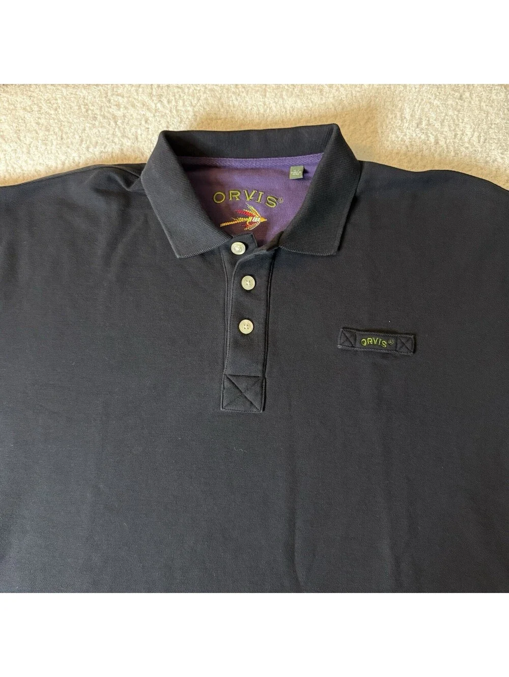 Orvis Men’s Polo Shirt XL-T Black Purple Trim 100% Cotton Fly Fishing